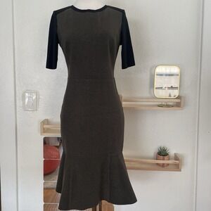 Elie Tahari Linore‎ Knit Fit and Flare Dress Colorblock Black/Olive Green Size 6